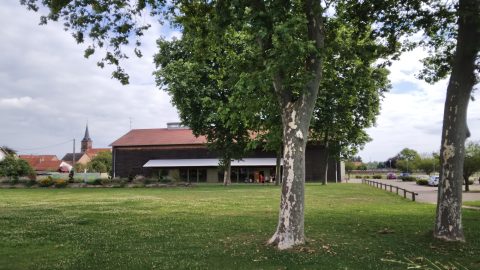 Paysage verdoyant avec des arbres et un bâtiment. Construction d'un groupe scolaire