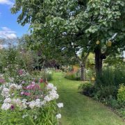 Jardin coloré avec fleurs et arbres, représentant l'initiative éducative de la commune de Herrlisheim.